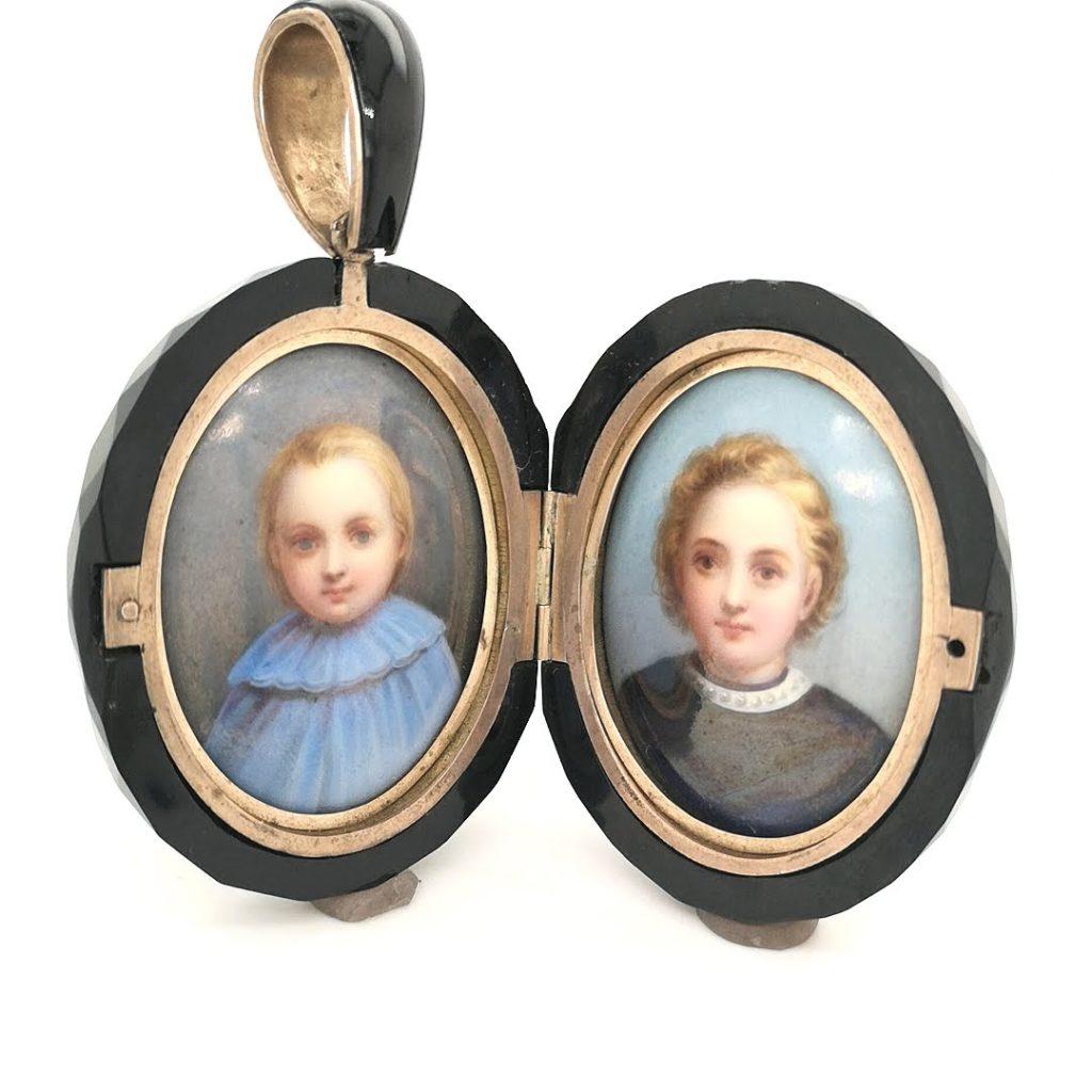 Whitby Jet locket with porcelain plaques